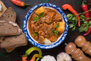 Beef goulash served in bowl