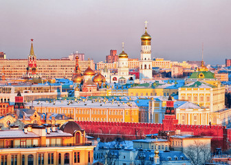 Obraz premium Aerial view to Kremlin and Moscow city in Russia in the evening.