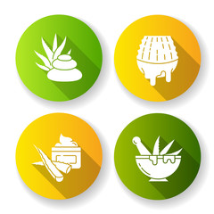 Aloe vera flat design long shadow glyph icons set. Plant based cream. Moisturizing juice from medicinal herbs. Spa treatment. Lotion and cream. Cosmetic products. Silhouette RGB color illustration