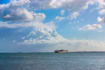 Cargo container Ship arriving into River Tagus Lisbon Port