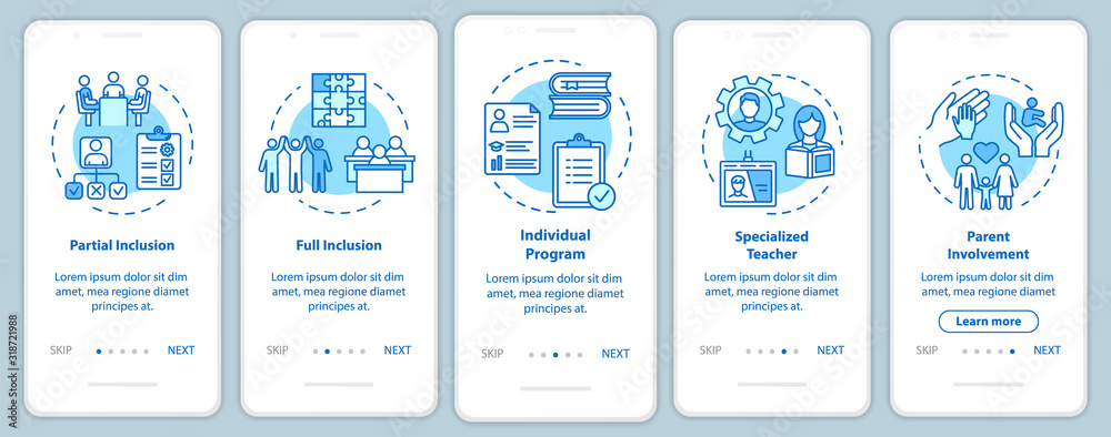 Wall mural inclusive education onboarding mobile app page screen with concepts. educational assistance for disa