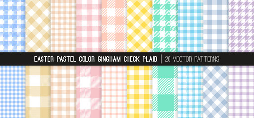 Easter Pastel Rainbow Gingham Check Plaid Vector Patterns. Light Shades of Pink, Coral Orange, Beige, Yellow, Turquoise, Blue, Lilac and Purple. 20 Pixel Perfect Pattern Tile Swatches Included. - 318721950