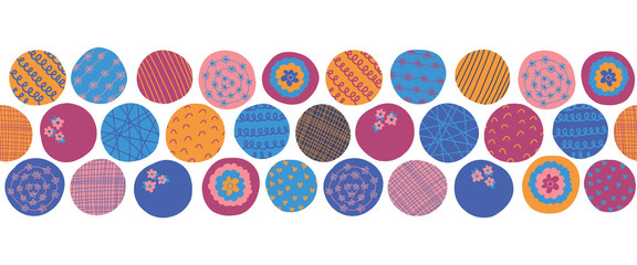 Fun textured circles seamless vector border. Pink, orange, purple, blue dots repeating background. Abstract hand drawn doodle pattern for fabric trim, ribbon, kids decor, footer, header, divider