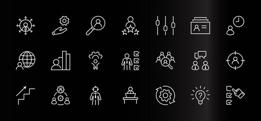 Set of Head Hunting Related Vector Line Icons. Contains such Icons as Career growth, Bulb, Candidate, Search, CV, Card Index, Outsource and more. Editable Stroke. 32x32 Pixels