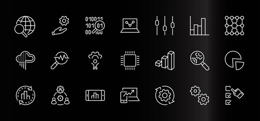 Set of Data Analysis Related Technology Vector Line Icons. Contains such Icons as Charts, Search, Graphs, Traffic Analysis, Big Data and more. Editable Stroke. 32x32 Pixels
