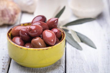Pickled olives ready to eat, healthy food used in mediterranean cuisines