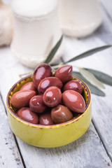 Pickled olives ready to eat, healthy food used in mediterranean cuisines