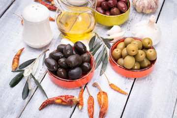 Pickled olives ready to eat, healthy food used in mediterranean cuisines