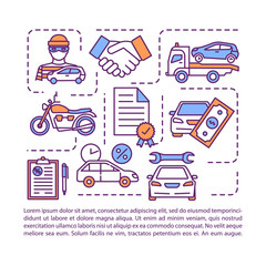Motor insurance concept icon with text. Repair car damage from collision. Auto theft coverage. PPT page vector template. Brochure, magazine, booklet design element with linear illustrations