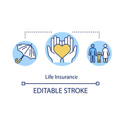 Life insurance concept icon. General protection. Retirement plan. Child support. Young family. Risk management idea thin line illustration. Vector isolated outline RGB color drawing. Editable stroke