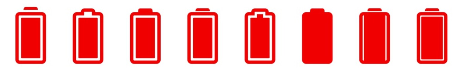 Battery Icon Red | Batteries | Charge Level Symbol | Charging Accumulator Logo | Low High Capacity Sign | Isolated | Variations
