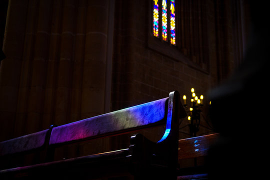 Empty Bench In Church At Night