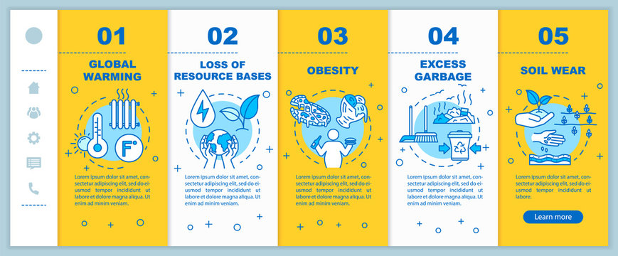 Overconsumption onboarding vector template. Global warming, soil wear. Consumerism and consumption. Responsive mobile website with icons. Webpage walkthrough step screens. RGB color concept
