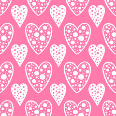 Seamless pattern of decorative hand-drawn white hearts