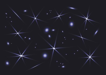 Fototapeta premium Space sparks and stars shine, special light effect, silver magical elements on dark background. Starry night sky. Vector illustration