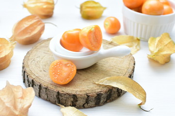 natural cape gooseberry on wooden background