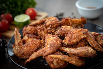 Hot Meat Dishes - Fried Chicken Wings on plate with salad