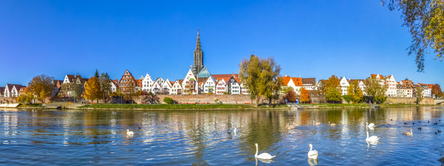 Panorama der Stadt Ulm mit M&uuml;nster und Donauwiesen, Baden-W&uuml;rttemberg, Deutschland 