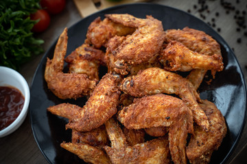 Hot Meat Dishes - Fried Chicken Wings on plate with salad