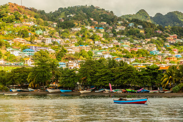 Coastline full of boats with lots of living houses on the hill, Kingstown, Saint Vincent and the...