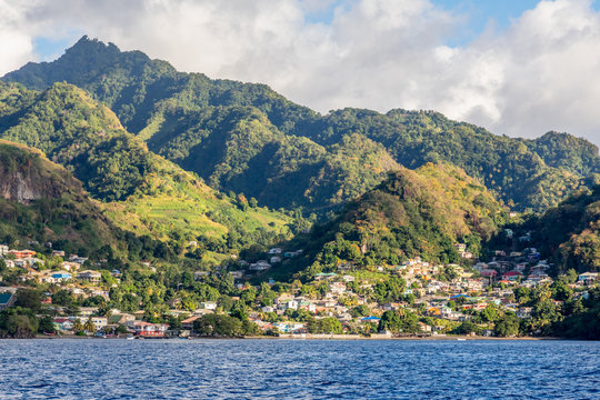 Barrouallie town costline mountain view from the sea, Saint Vincent and the Grenadines