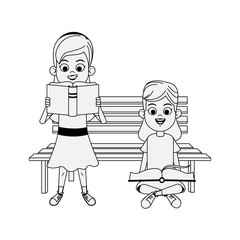 cartoon girls reading books and park bench