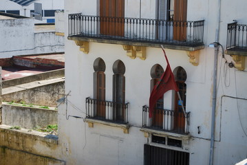 Moroccan Flag on Balcony in Tangier, Morocco