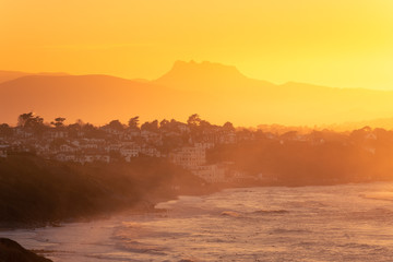 View from Bidart and Getaria towns in the basque coast and Aiako Harriak mountain at the back, at...
