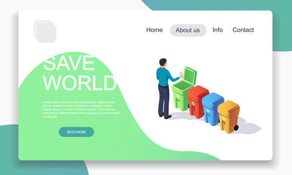 Isometric waste and garbage sorting web page template with trash bins. Colorful 3D flat vector banner. Ecology concept: environment pollution reduce.