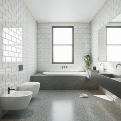 Fototapeta na wymiar Modern bathroom with white glossy tile and double concrete sink