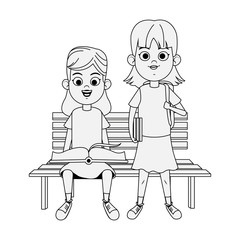 Happy girls at wooden bench icon