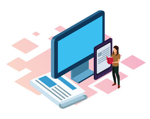 computer, ebook device and cartoon woman standing