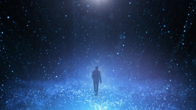 Man walks alone in futuristic artificial intelligence copy space cyberspace.