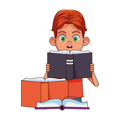 cartoon boy with books icon, colorful design