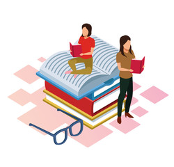 cartoon women reading books sitting on books with glasses around