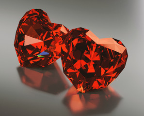 3d generated red sapphire stones in heart shape on the reflective surface