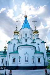 Russia, Blagoveshchensk, July 2019: Domes Of the Cathedral of the Annunciation of the blessed virgin Mary of Blagoveshchensk in summer