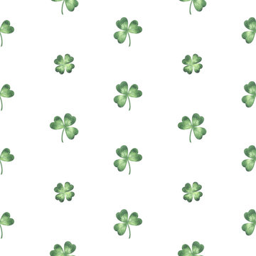 Watercolor realistic clover leaves, shamrock seamless repeat pattern. St. Patrick's day, painted spring background. Green watercolour hand drawn artistic trefoil, quatrefoil aquarelle texture.