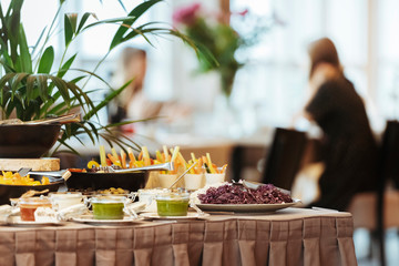 Various foods in brunch buffet in restaurant .