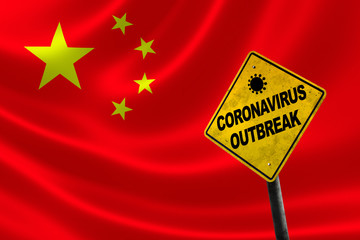 Coronavirus Outbreak Warning Sign Over Flag of China