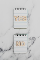 making a choice and facing doubts, notepads with opposite Yes and No choices