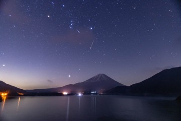 本栖湖から、富士山と流れ星