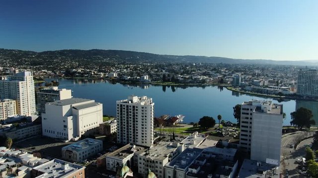 Lake Merrit, Oakland CA Drone Flyover on a Sunny Day
