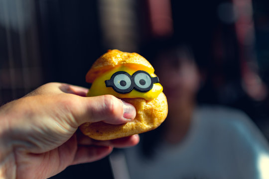  OSAKA, JAPAN - OCTOBER 26, 2019: Minions cream puff in Universal Studios JAPAN, Osaka, Japan. Minions are famous characters from Despicable Me animation.