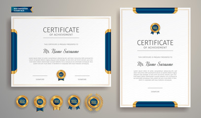 Simple blue and gold certificate of achievement template with gold badge and border