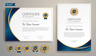 Fototapeta Simple blue and gold certificate of achievement template with gold badge and border obraz