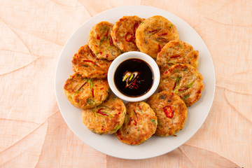 Mung-bean pancake which is called Bindaetteok