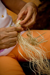 Fototapeta na wymiar Hands unraveling the buriti fibers to sew golden grass handicrafts