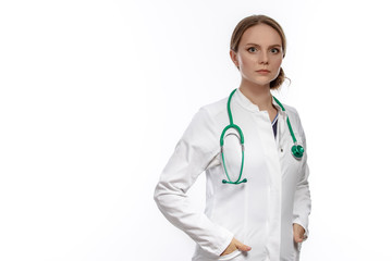 Portrait of Positive Professional Doctor Posing With Endoscope and Folder Against White.