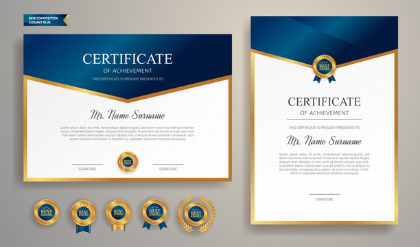 Elegant blue and gold certificate of achievement template with gold badge and border